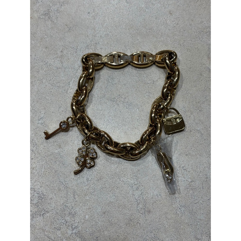 Anne Klein Charm Bracelet 8.5" Gold Tone Oval Link Key Clover Heel Purse Crystal